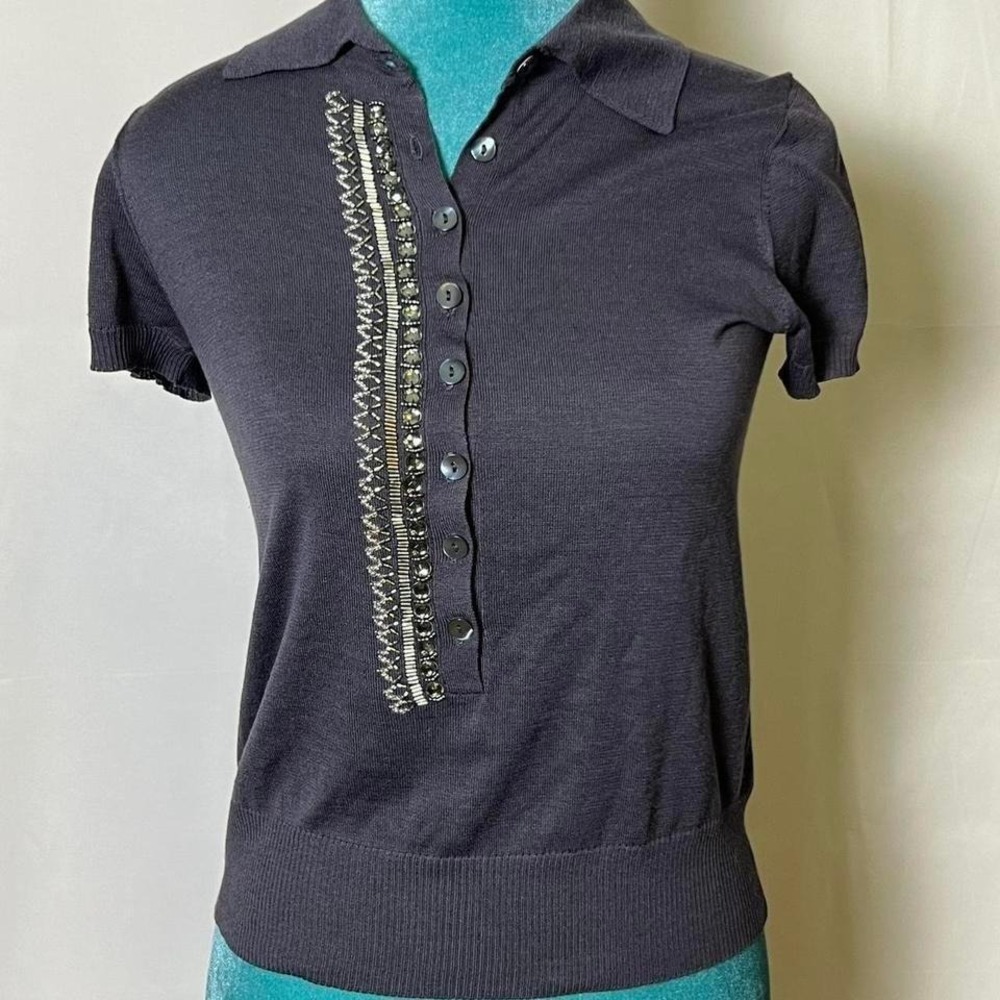 Vintage Bruno Manetti Beaded Silk Polo Top Italian Designer Knit Made in Italy